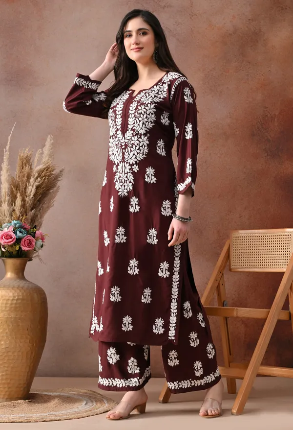 Brown_Hand_Embroidered_Chikankari_Rayon_Kurta_Palazzo_Set