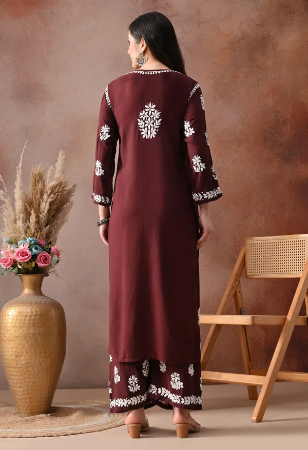 Brown_Hand_Embroidered_Chikankari_Rayon_Kurta_Palazzo_Set