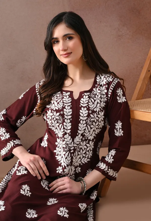 Brown_Hand_Embroidered_Chikankari_Rayon_Kurta_Palazzo_Set