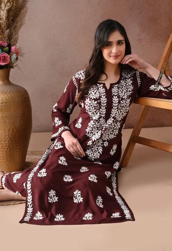 Brown_Hand_Embroidered_Chikankari_Rayon_Kurta_Palazzo_Set