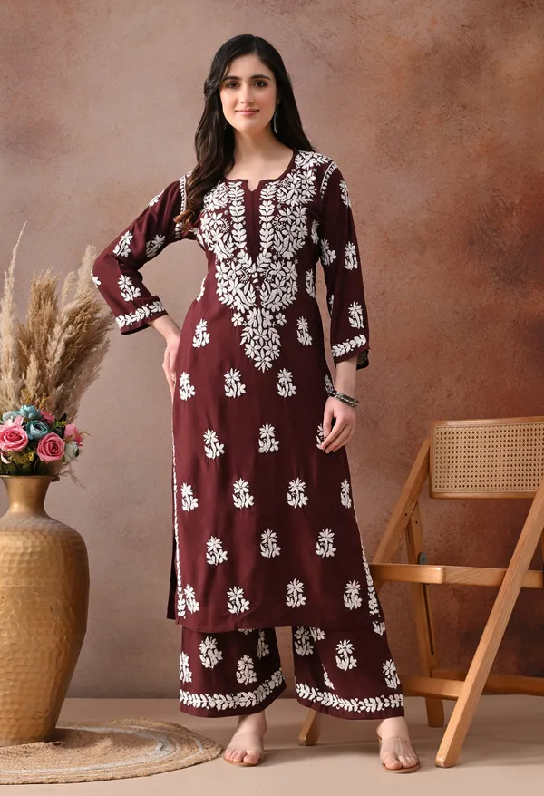 Brown_Hand_Embroidered_Chikankari_Rayon_Kurta_Palazzo_Set