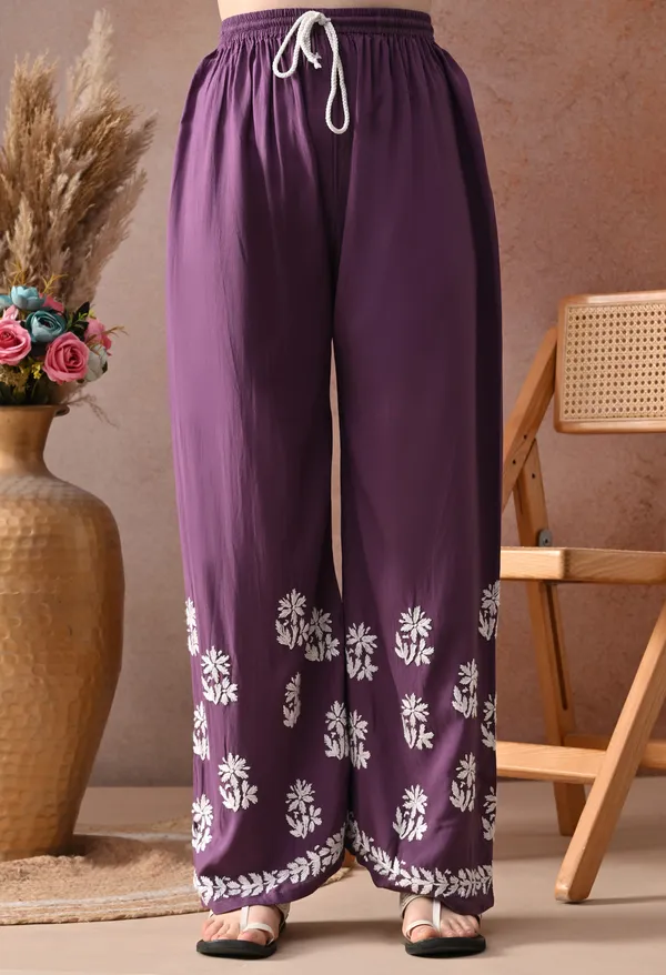 Plum_Purple_Hand_Embroidered_Chikankari_Rayon_Kurta_Palazzo_Set