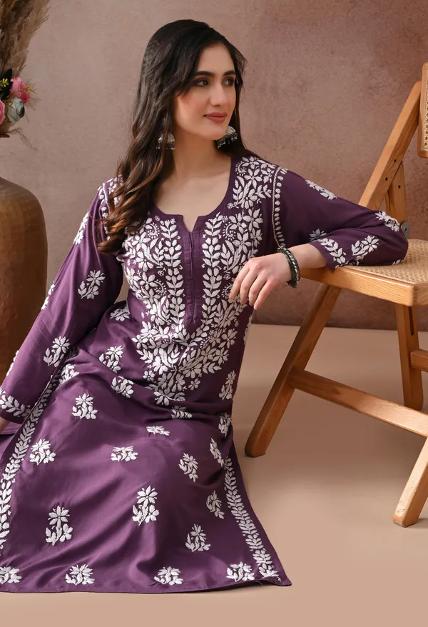 Plum_Purple_Hand_Embroidered_Chikankari_Rayon_Kurta_Palazzo_Set