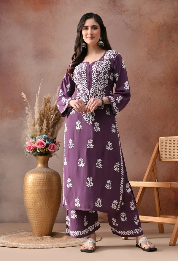 Plum_Purple_Hand_Embroidered_Chikankari_Rayon_Kurta_Palazzo_Set