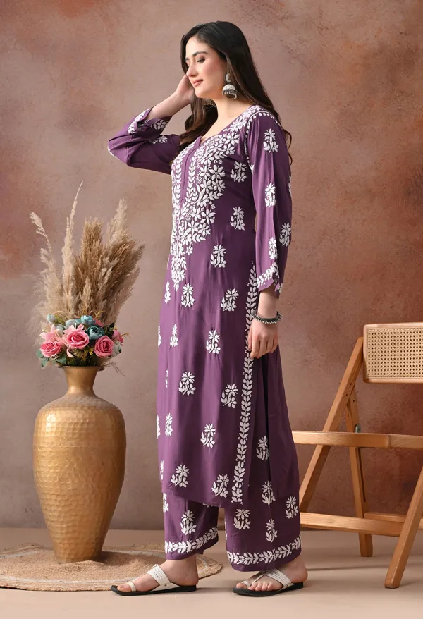 Plum_Purple_Hand_Embroidered_Chikankari_Rayon_Kurta_Palazzo_Set