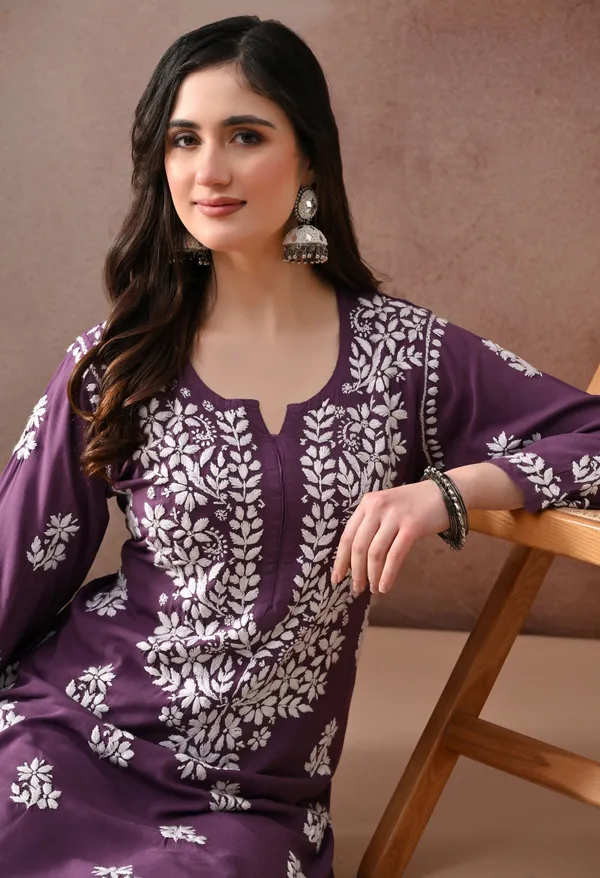 Plum_Purple_Hand_Embroidered_Chikankari_Rayon_Kurta_Palazzo_Set