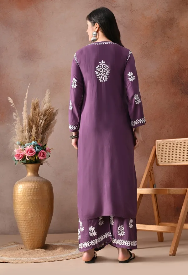 Plum_Purple_Hand_Embroidered_Chikankari_Rayon_Kurta_Palazzo_Set