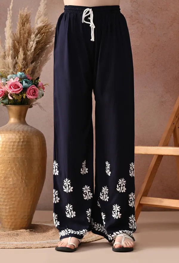 Navy_Blue_Hand_Embroidered_Chikankari_Rayon_Kurta_Palazzo_Set