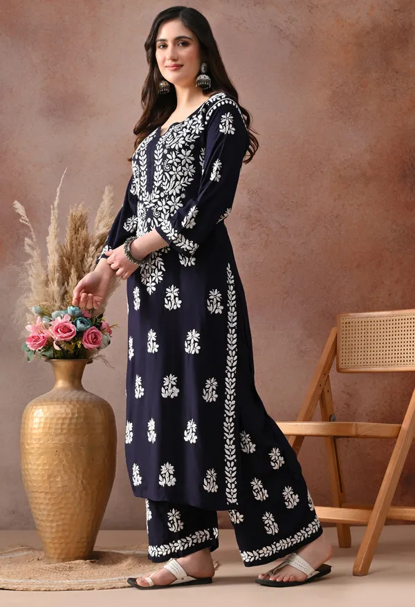 Navy_Blue_Hand_Embroidered_Chikankari_Rayon_Kurta_Palazzo_Set