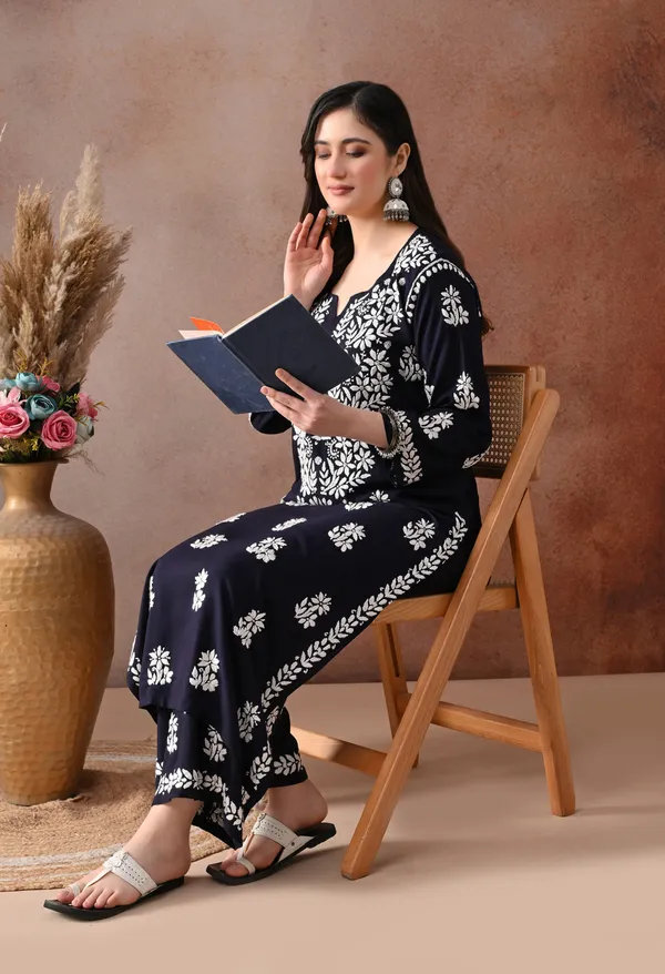 Navy_Blue_Hand_Embroidered_Chikankari_Rayon_Kurta_Palazzo_Set