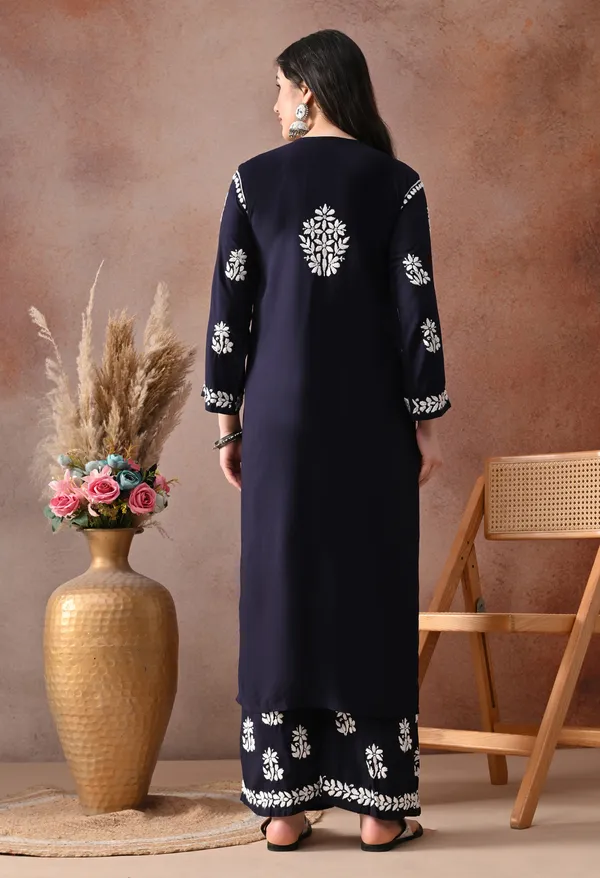 Navy_Blue_Hand_Embroidered_Chikankari_Rayon_Kurta_Palazzo_Set