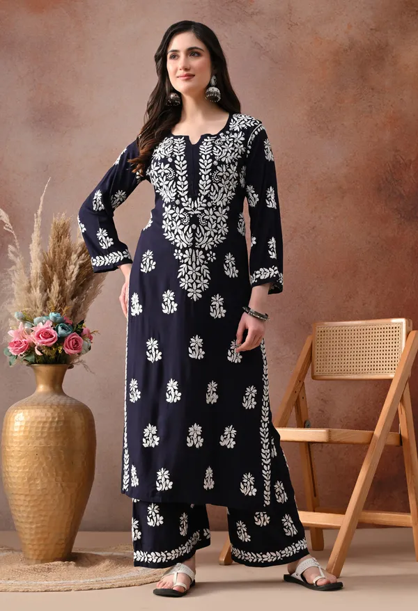Navy_Blue_Hand_Embroidered_Chikankari_Rayon_Kurta_Palazzo_Set