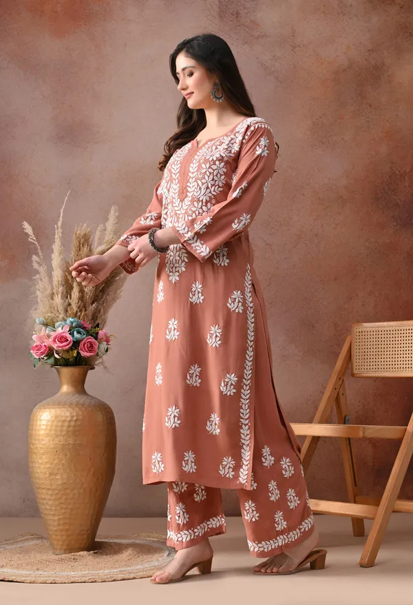 Peach_Hand_Embroidered_Chikankari_Rayon_Kurta_Palazzo_Set