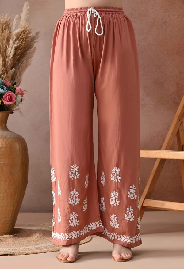 Peach_Hand_Embroidered_Chikankari_Rayon_Kurta_Palazzo_Set