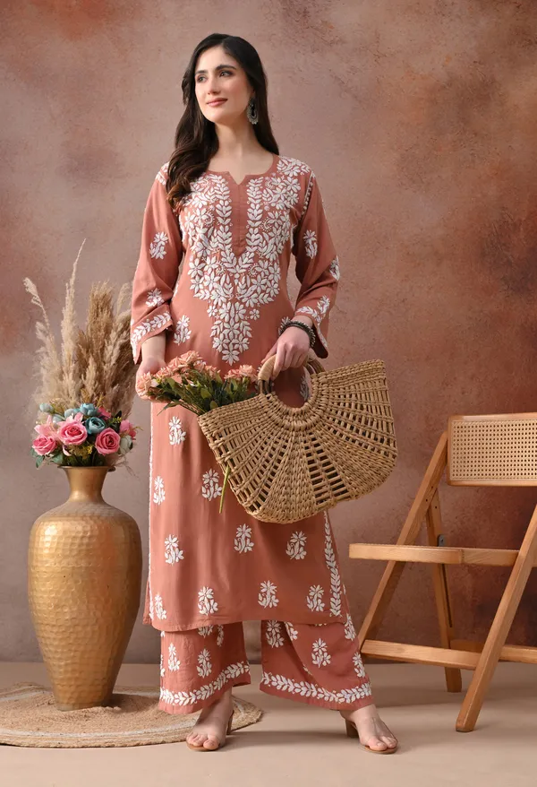 Peach_Hand_Embroidered_Chikankari_Rayon_Kurta_Palazzo_Set