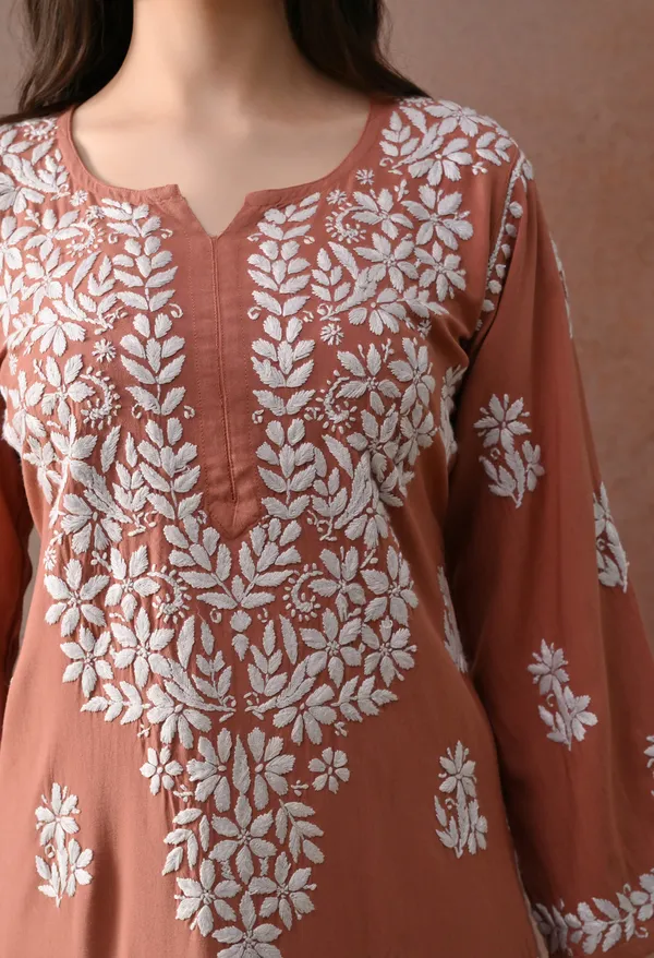 Peach_Hand_Embroidered_Chikankari_Rayon_Kurta_Palazzo_Set
