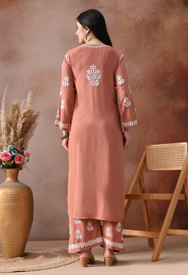 Peach_Hand_Embroidered_Chikankari_Rayon_Kurta_Palazzo_Set