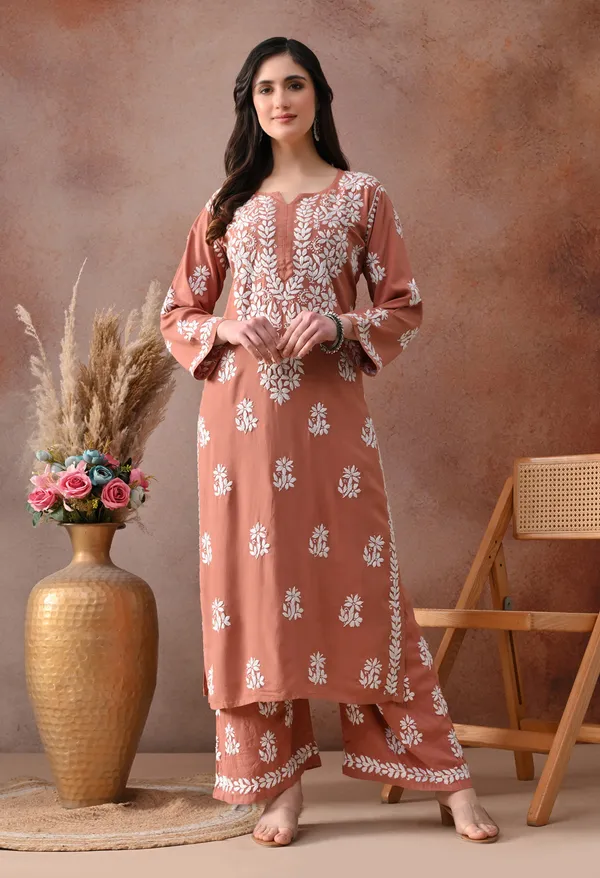 Peach_Hand_Embroidered_Chikankari_Rayon_Kurta_Palazzo_Set