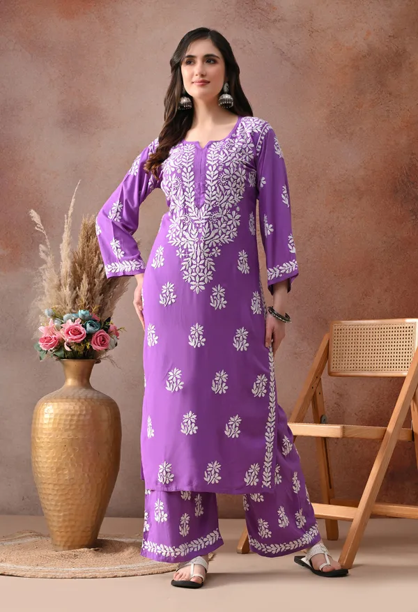 Purple_Hand_Embroidered_Chikankari_Rayon_Kurta_Palazzo_Set