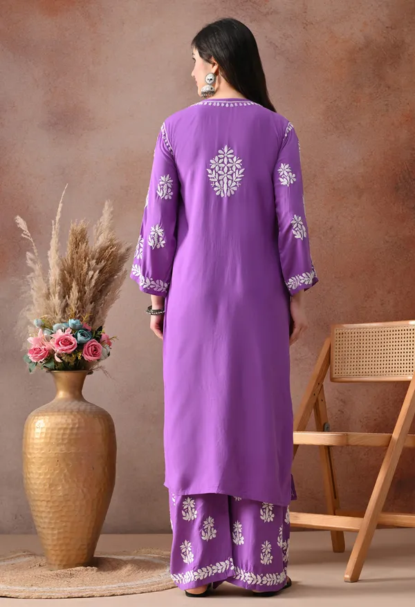 Purple_Hand_Embroidered_Chikankari_Rayon_Kurta_Palazzo_Set