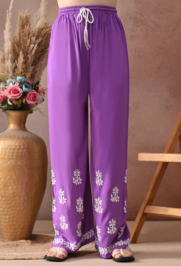 Purple_Hand_Embroidered_Chikankari_Rayon_Kurta_Palazzo_Set