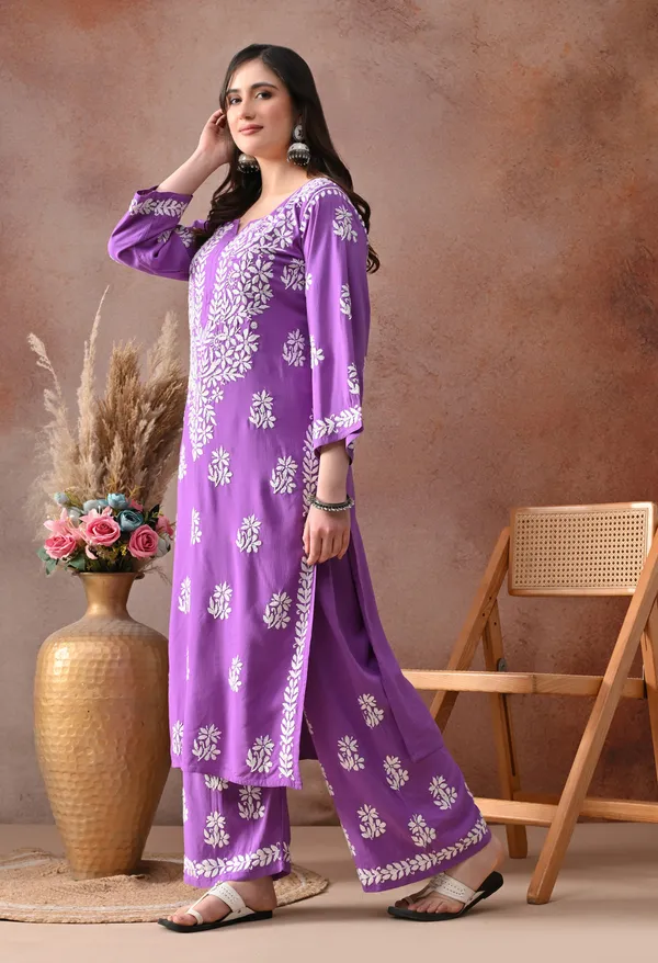 Purple_Hand_Embroidered_Chikankari_Rayon_Kurta_Palazzo_Set