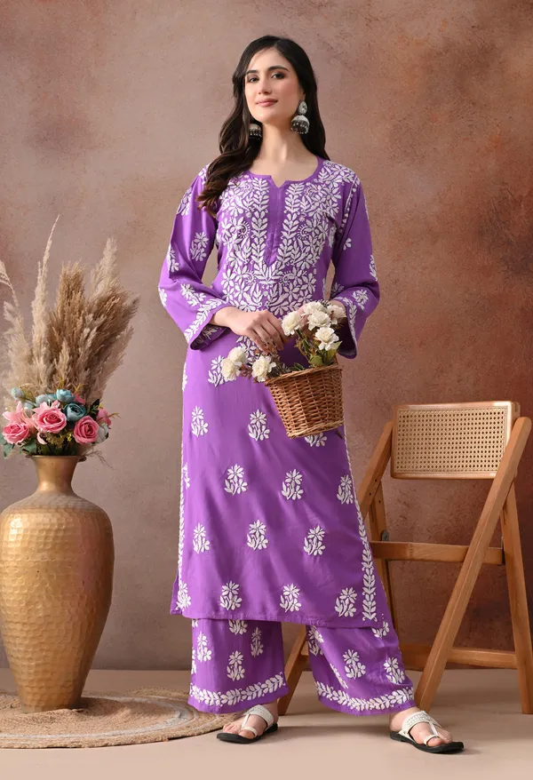 Purple_Hand_Embroidered_Chikankari_Rayon_Kurta_Palazzo_Set