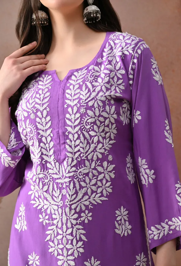 Purple_Hand_Embroidered_Chikankari_Rayon_Kurta_Palazzo_Set