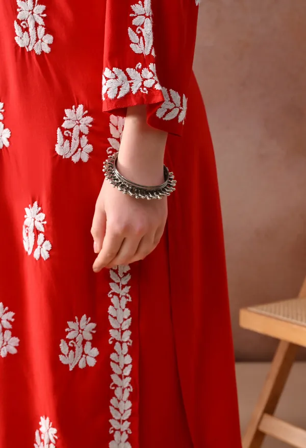 Red_Hand_Embroidered_Chikankari_Rayon_Kurta_Palazzo_Set