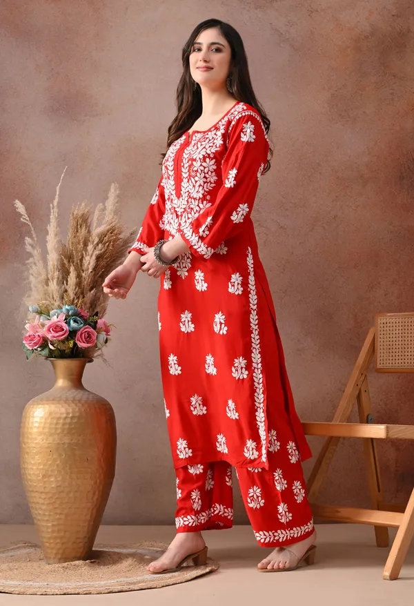 Red_Hand_Embroidered_Chikankari_Rayon_Kurta_Palazzo_Set