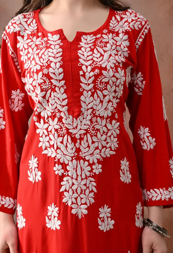 Red_Hand_Embroidered_Chikankari_Rayon_Kurta_Palazzo_Set