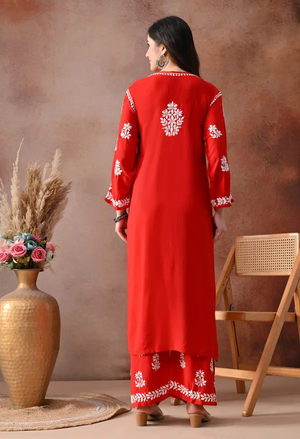 Red_Hand_Embroidered_Chikankari_Rayon_Kurta_Palazzo_Set
