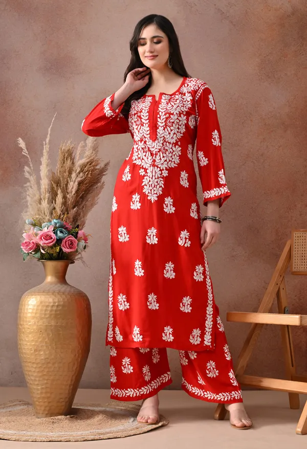 Red_Hand_Embroidered_Chikankari_Rayon_Kurta_Palazzo_Set