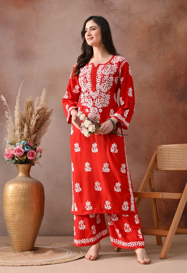 Red_Hand_Embroidered_Chikankari_Rayon_Kurta_Palazzo_Set