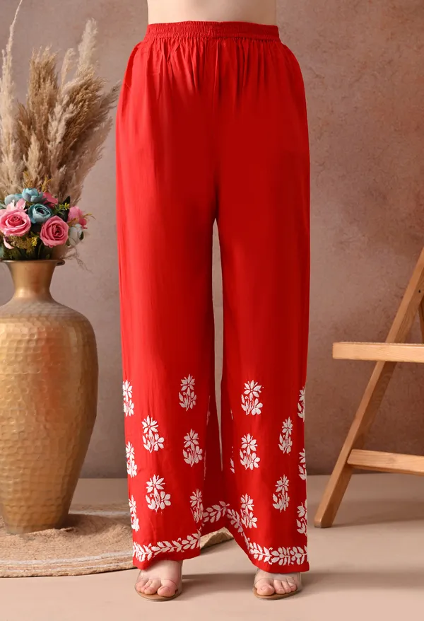 Red_Hand_Embroidered_Chikankari_Rayon_Kurta_Palazzo_Set