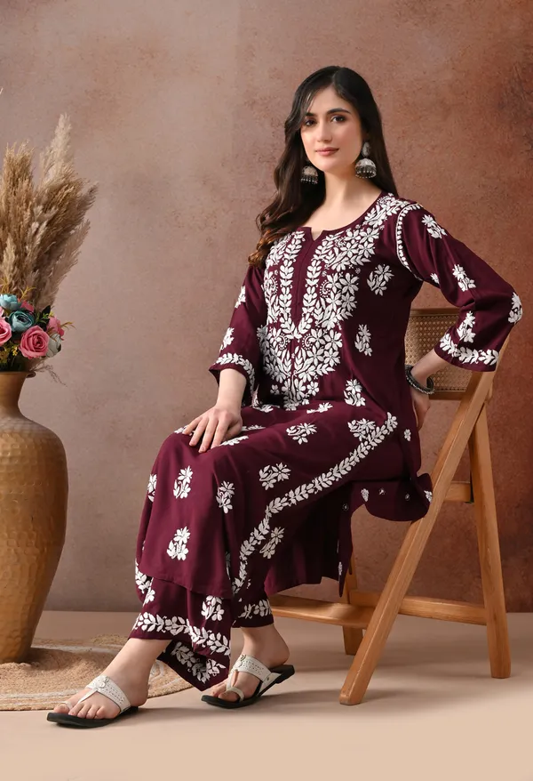 Wine_Hand_Embroidered_Chikankari_Rayon_Kurta_Palazzo_Set