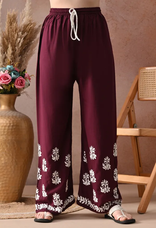 Wine_Hand_Embroidered_Chikankari_Rayon_Kurta_Palazzo_Set