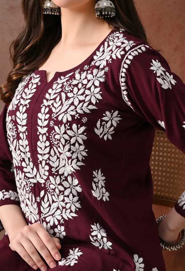 Wine_Hand_Embroidered_Chikankari_Rayon_Kurta_Palazzo_Set