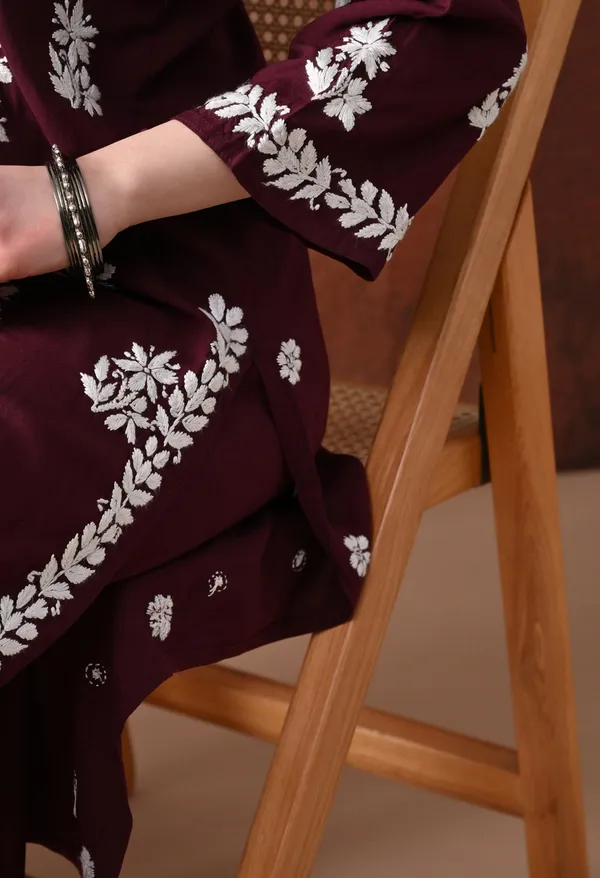 Wine_Hand_Embroidered_Chikankari_Rayon_Kurta_Palazzo_Set