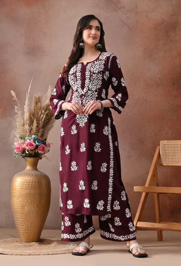 Wine_Hand_Embroidered_Chikankari_Rayon_Kurta_Palazzo_Set