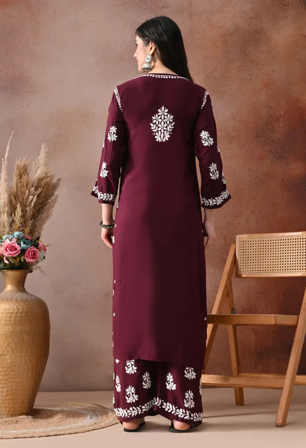 Wine_Hand_Embroidered_Chikankari_Rayon_Kurta_Palazzo_Set