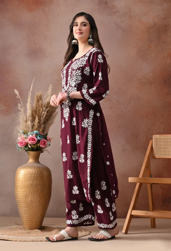 Wine_Hand_Embroidered_Chikankari_Rayon_Kurta_Palazzo_Set