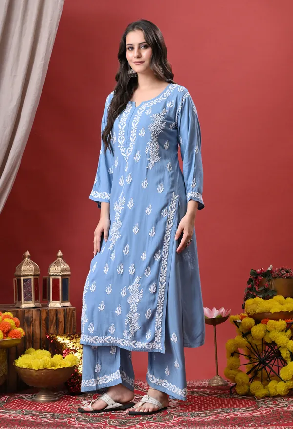 Syrish_Blue_Hand_Embroidered_Chikankari_Rayon_Kurta_Palazzo_Set
