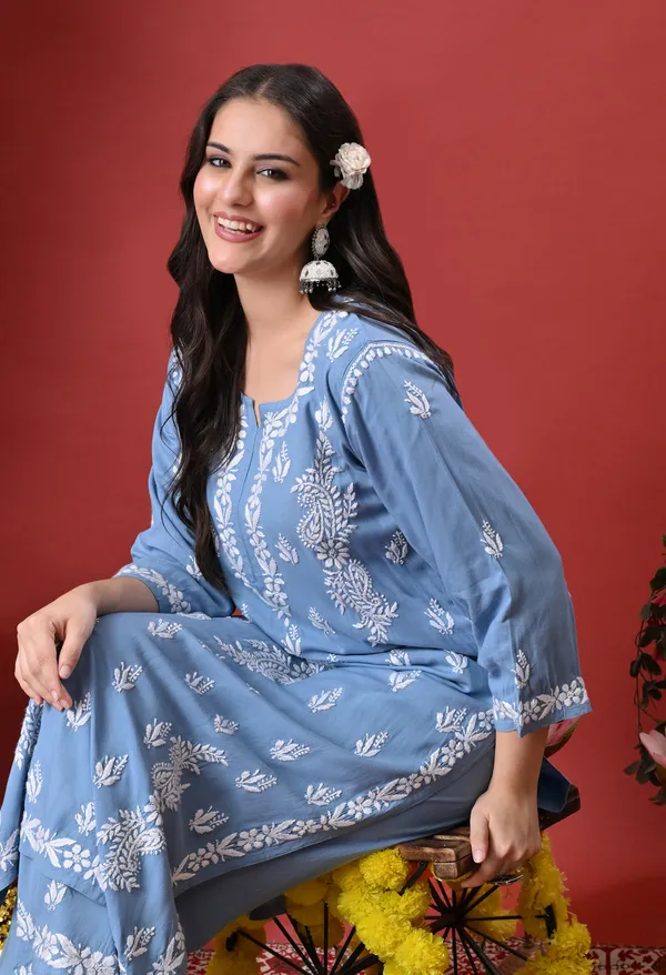 Syrish_Blue_Hand_Embroidered_Chikankari_Rayon_Kurta_Palazzo_Set