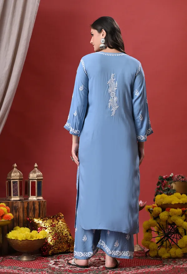 Syrish_Blue_Hand_Embroidered_Chikankari_Rayon_Kurta_Palazzo_Set
