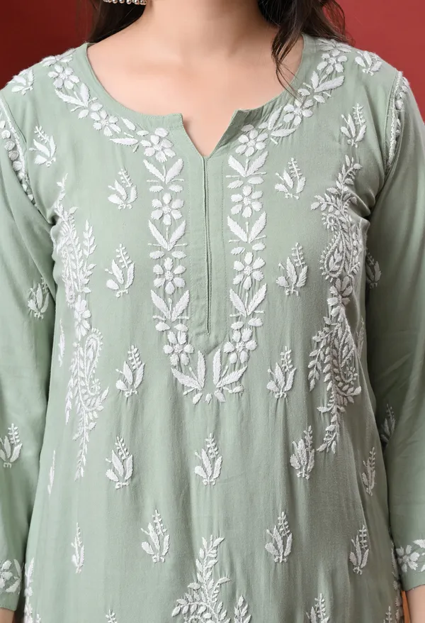 Syrish_Green_Hand_Embroidered_Chikankari_Rayon_Kurta_Palazzo_Set