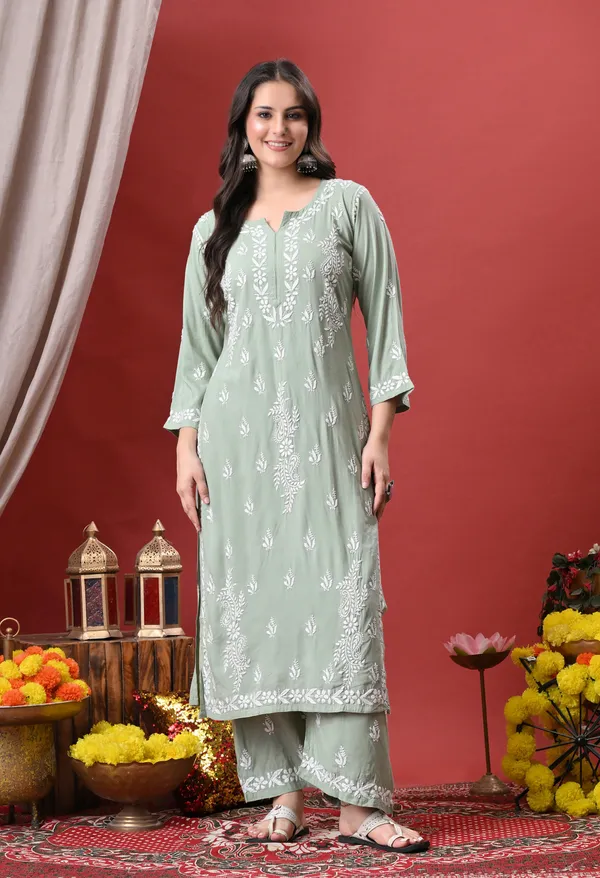 Syrish_Green_Hand_Embroidered_Chikankari_Rayon_Kurta_Palazzo_Set