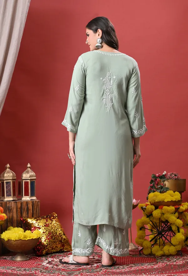 Syrish_Green_Hand_Embroidered_Chikankari_Rayon_Kurta_Palazzo_Set