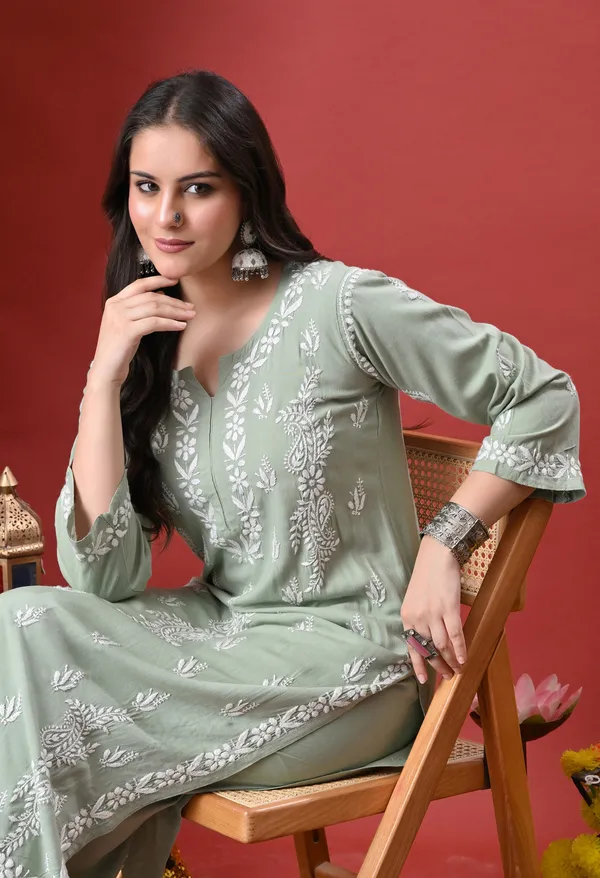 Syrish_Green_Hand_Embroidered_Chikankari_Rayon_Kurta_Palazzo_Set