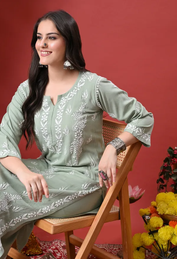 Syrish_Green_Hand_Embroidered_Chikankari_Rayon_Kurta_Palazzo_Set
